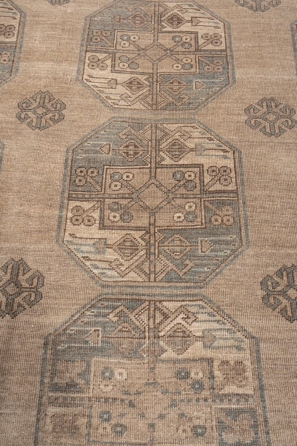 9' x 12' one-of-a-kind handmade antique Afghan large size rug. Color palette: camel, taupe, slate, ivory, brown, charcoal