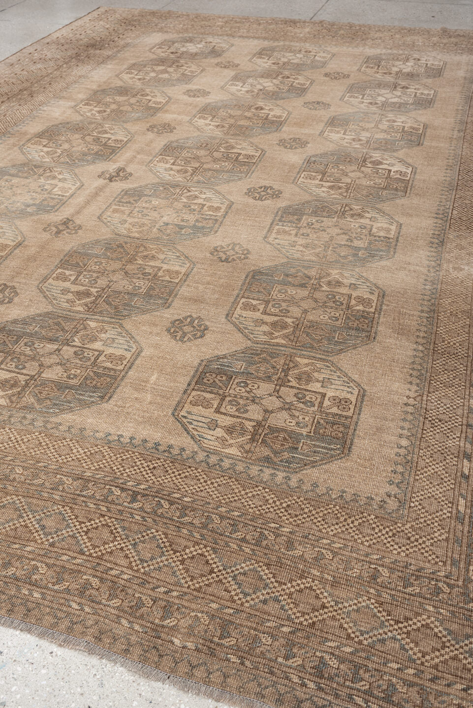 9' x 12' one-of-a-kind handmade antique Afghan large size rug. Color palette: camel, taupe, slate, ivory, brown, charcoal