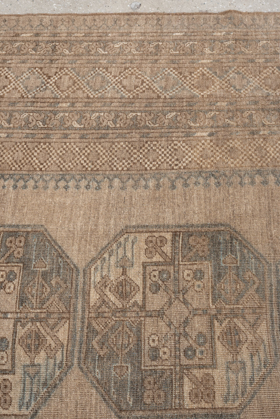 9' x 12' one-of-a-kind handmade antique Afghan large size rug. Color palette: camel, taupe, slate, ivory, brown, charcoal