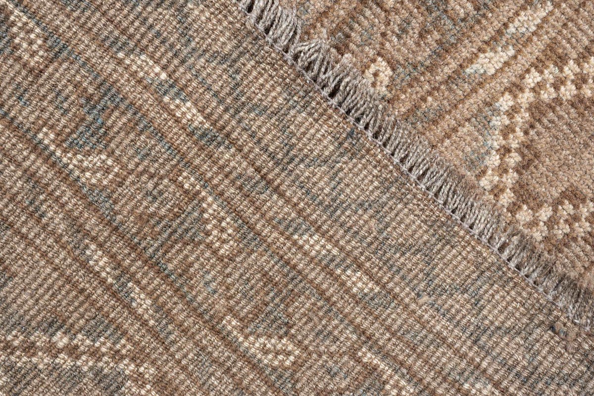 9' x 12' one-of-a-kind handmade antique Afghan large size rug. Color palette: camel, taupe, slate, ivory, brown, charcoal