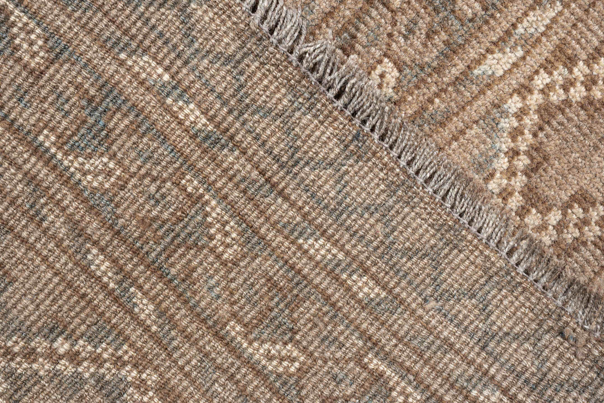 9' x 12' one-of-a-kind handmade antique Afghan large size rug. Color palette: camel, taupe, slate, ivory, brown, charcoal