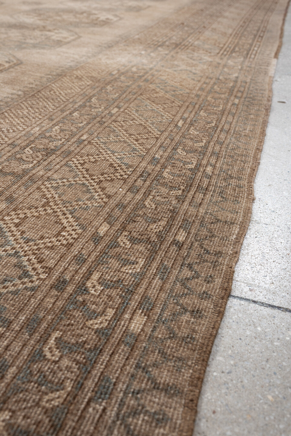 9' x 12' one-of-a-kind handmade antique Afghan large size rug. Color palette: camel, taupe, slate, ivory, brown, charcoal