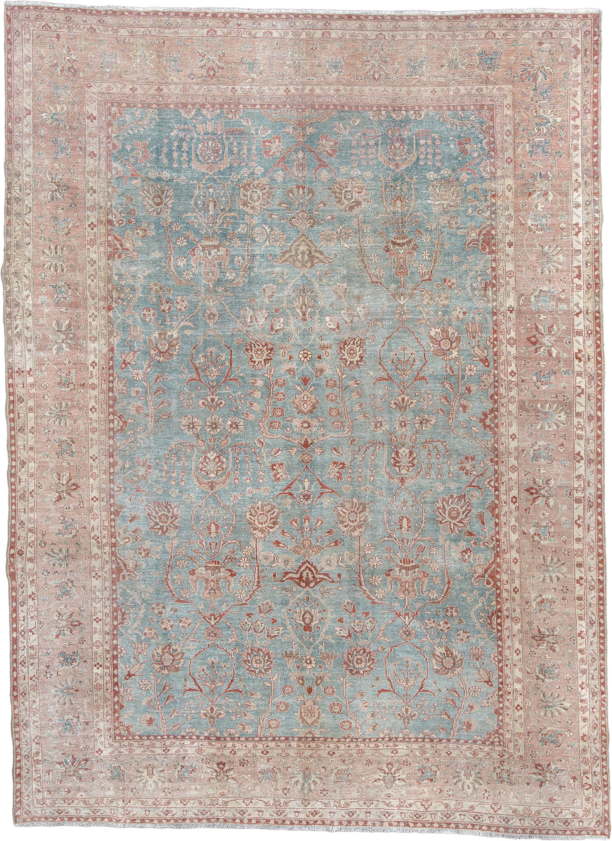 8' x 11' one-of-a-kind handmade antique Mahal large size rug. Color palette: aqua, blush, ivory, dusty rose, sage, taupe