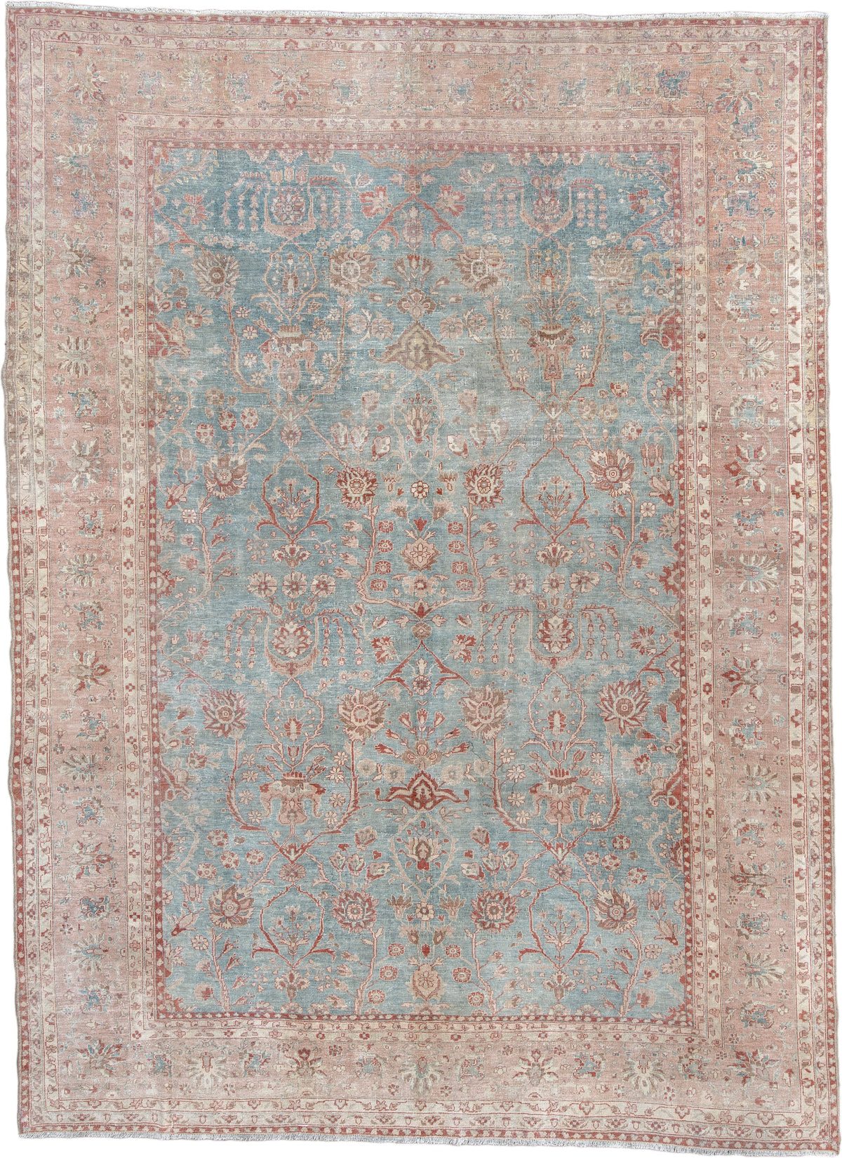 8' x 11' one-of-a-kind handmade antique Mahal large size rug. Color palette: aqua, blush, ivory, dusty rose, sage, taupe