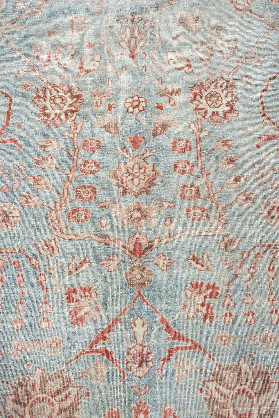 8' x 11' one-of-a-kind handmade antique Mahal large size rug. Color palette: aqua, blush, ivory, dusty rose, sage, taupe