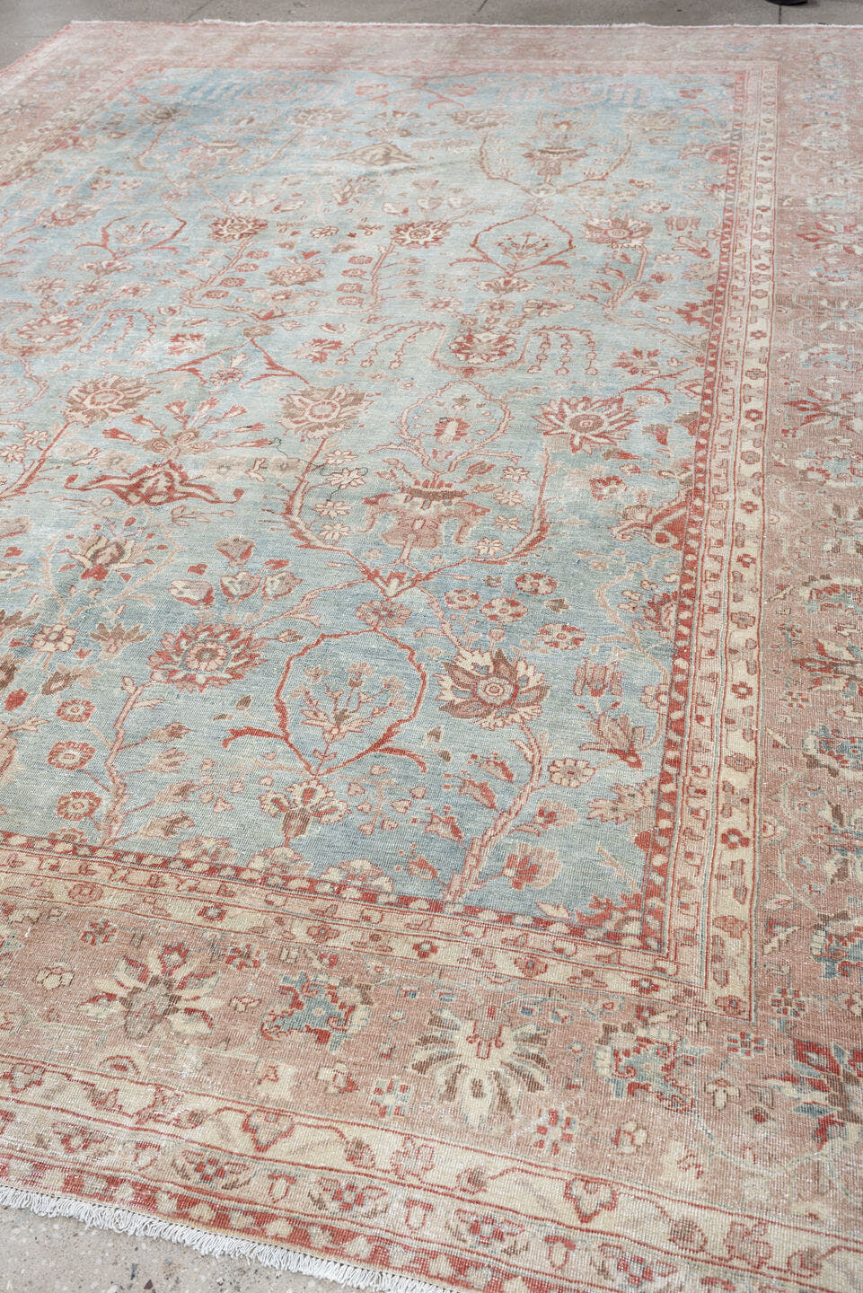 8' x 11' one-of-a-kind handmade antique Mahal large size rug. Color palette: aqua, blush, ivory, dusty rose, sage, taupe