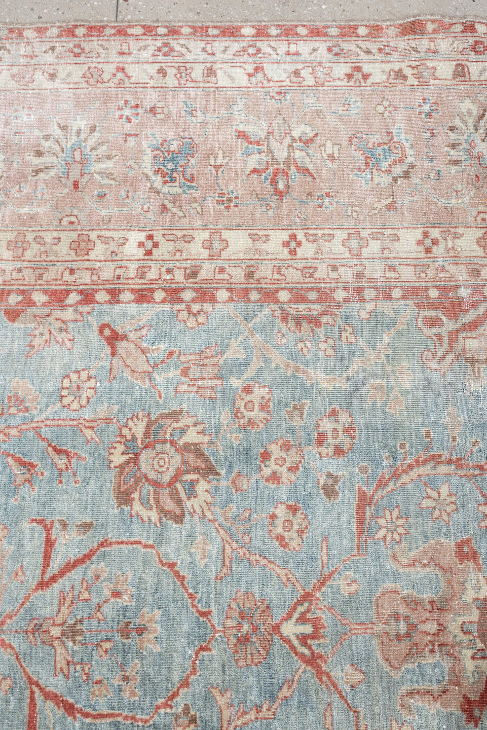 8' x 11' one-of-a-kind handmade antique Mahal large size rug. Color palette: aqua, blush, ivory, dusty rose, sage, taupe