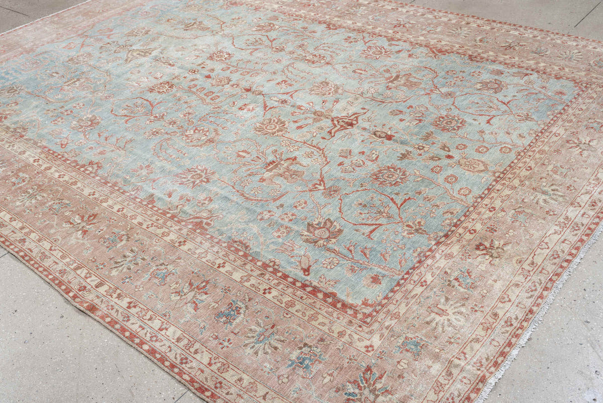 8' x 11' one-of-a-kind handmade antique Mahal large size rug. Color palette: aqua, blush, ivory, dusty rose, sage, taupe