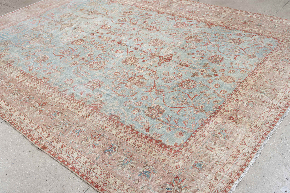 8' x 11' one-of-a-kind handmade antique Mahal large size rug. Color palette: aqua, blush, ivory, dusty rose, sage, taupe