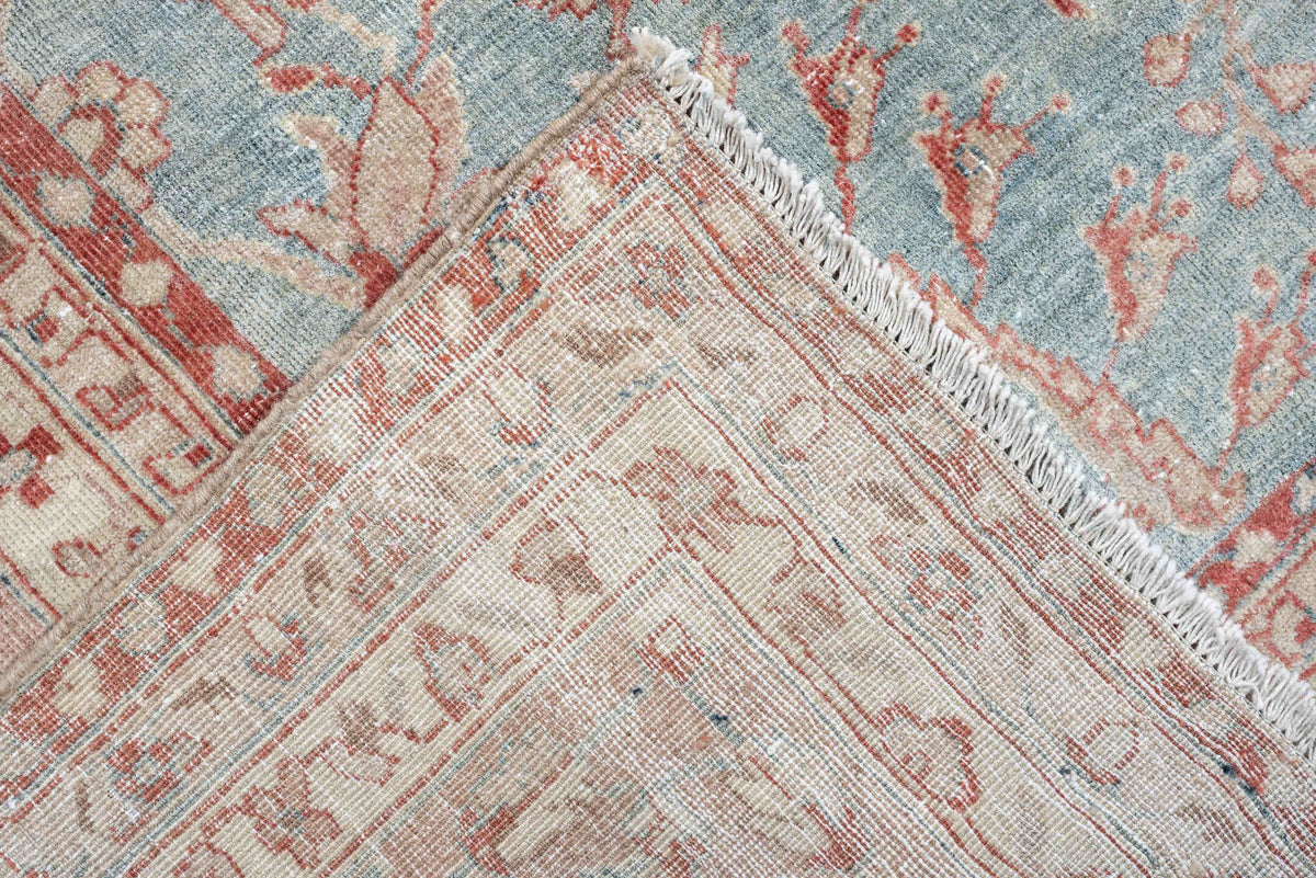 8' x 11' one-of-a-kind handmade antique Mahal large size rug. Color palette: aqua, blush, ivory, dusty rose, sage, taupe