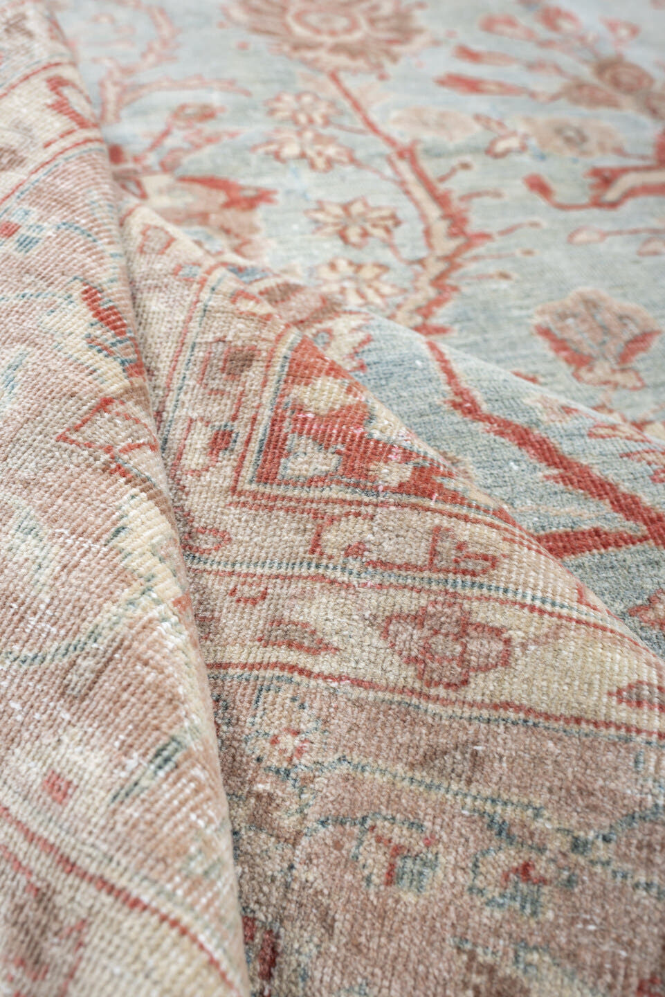 8' x 11' one-of-a-kind handmade antique Mahal large size rug. Color palette: aqua, blush, ivory, dusty rose, sage, taupe
