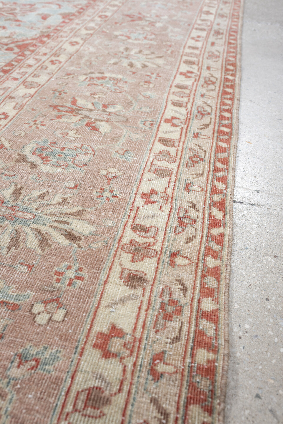 8' x 11' one-of-a-kind handmade antique Mahal large size rug. Color palette: aqua, blush, ivory, dusty rose, sage, taupe