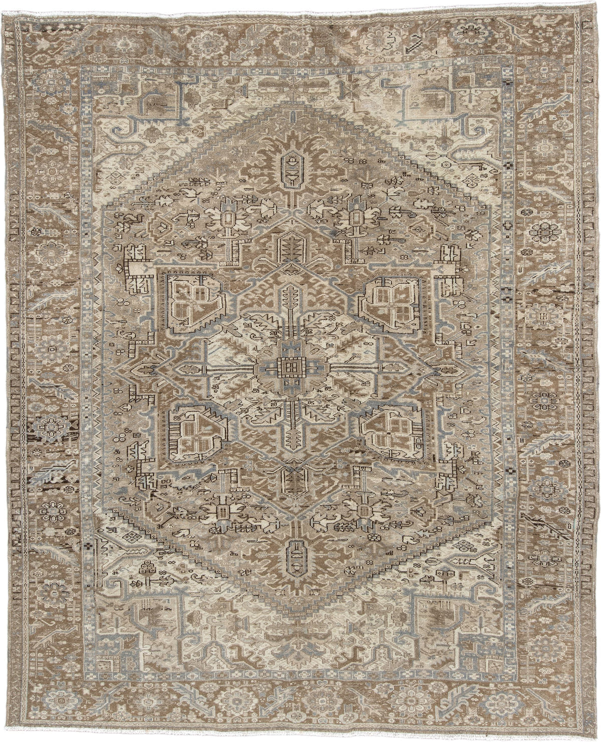 9' x 10' one-of-a-kind handmade antique Heriz large size rug. Color palette: taupe, ivory, brown, slate blue, charcoal
