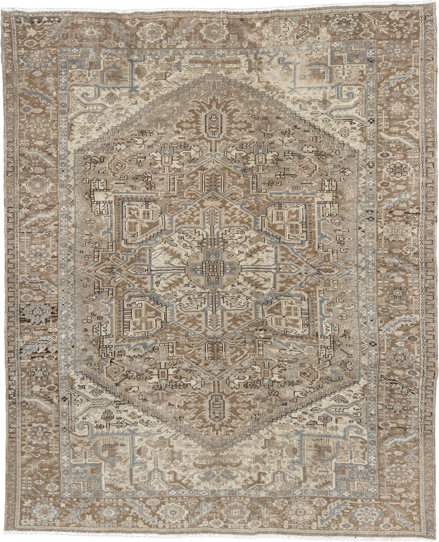 9' x 10' one-of-a-kind handmade antique Heriz large size rug. Color palette: taupe, ivory, brown, slate blue, charcoal