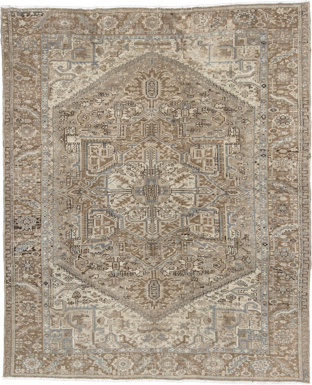 9' x 10' one-of-a-kind handmade antique Heriz large size rug. Color palette: taupe, ivory, brown, slate blue, charcoal