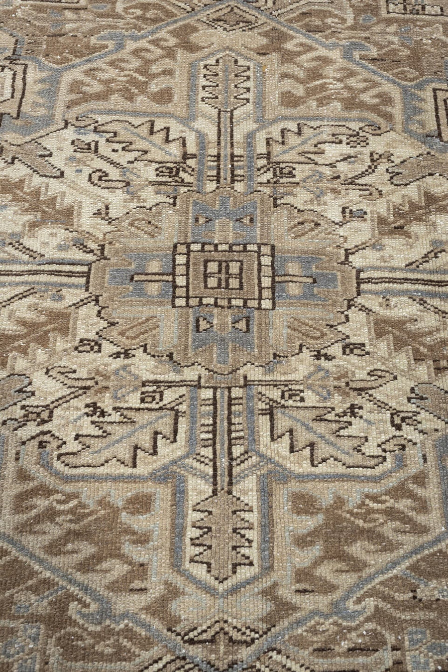 9' x 10' one-of-a-kind handmade antique Heriz large size rug. Color palette: taupe, ivory, brown, slate blue, charcoal