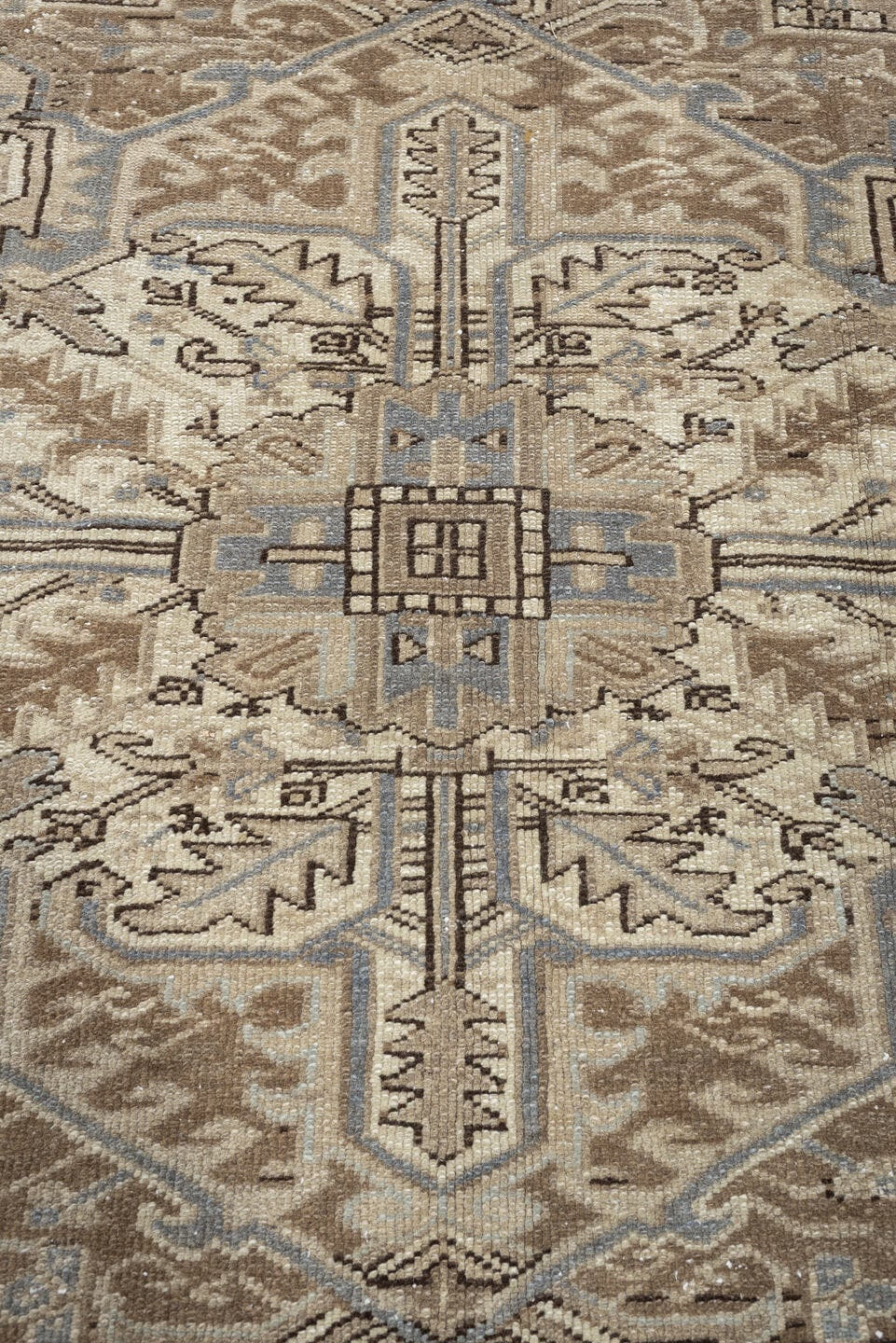 9' x 10' one-of-a-kind handmade antique Heriz large size rug. Color palette: taupe, ivory, brown, slate blue, charcoal