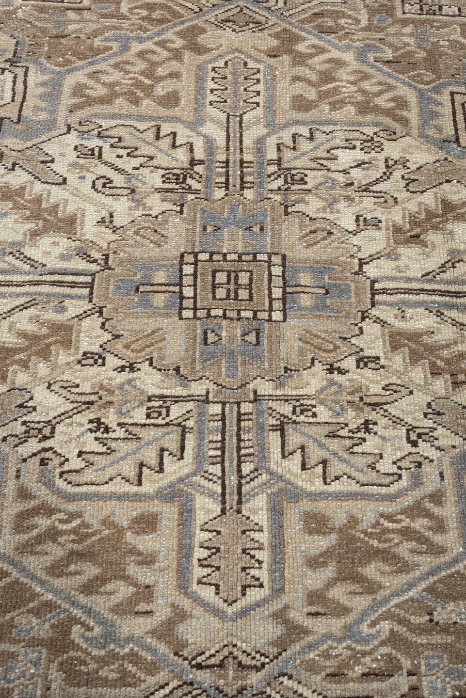 9' x 10' one-of-a-kind handmade antique Heriz large size rug. Color palette: taupe, ivory, brown, slate blue, charcoal