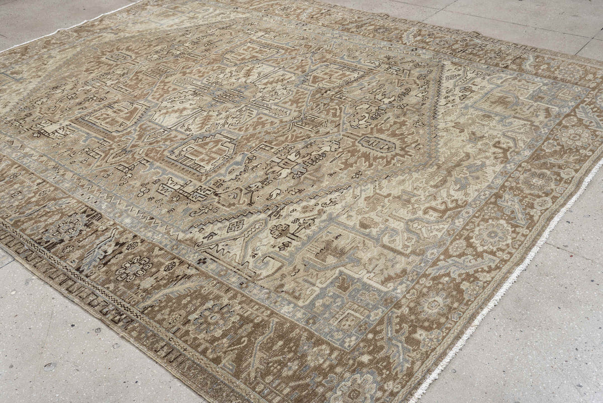 9' x 10' one-of-a-kind handmade antique Heriz large size rug. Color palette: taupe, ivory, brown, slate blue, charcoal