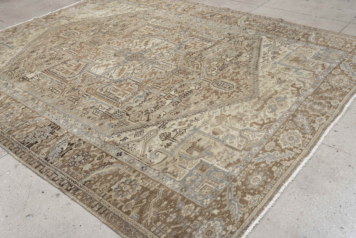 9' x 10' one-of-a-kind handmade antique Heriz large size rug. Color palette: taupe, ivory, brown, slate blue, charcoal