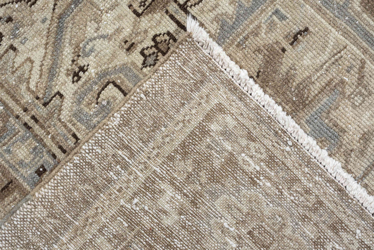 9' x 10' one-of-a-kind handmade antique Heriz large size rug. Color palette: taupe, ivory, brown, slate blue, charcoal