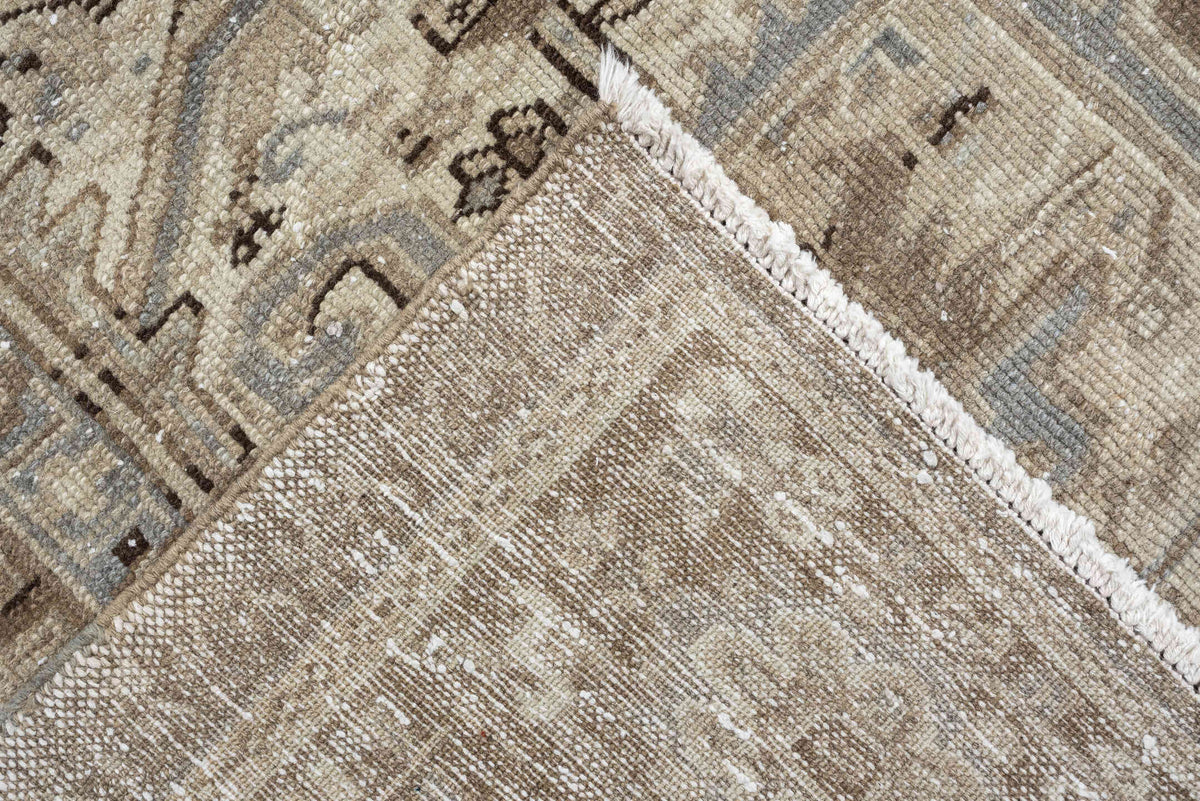 9' x 10' one-of-a-kind handmade antique Heriz large size rug. Color palette: taupe, ivory, brown, slate blue, charcoal