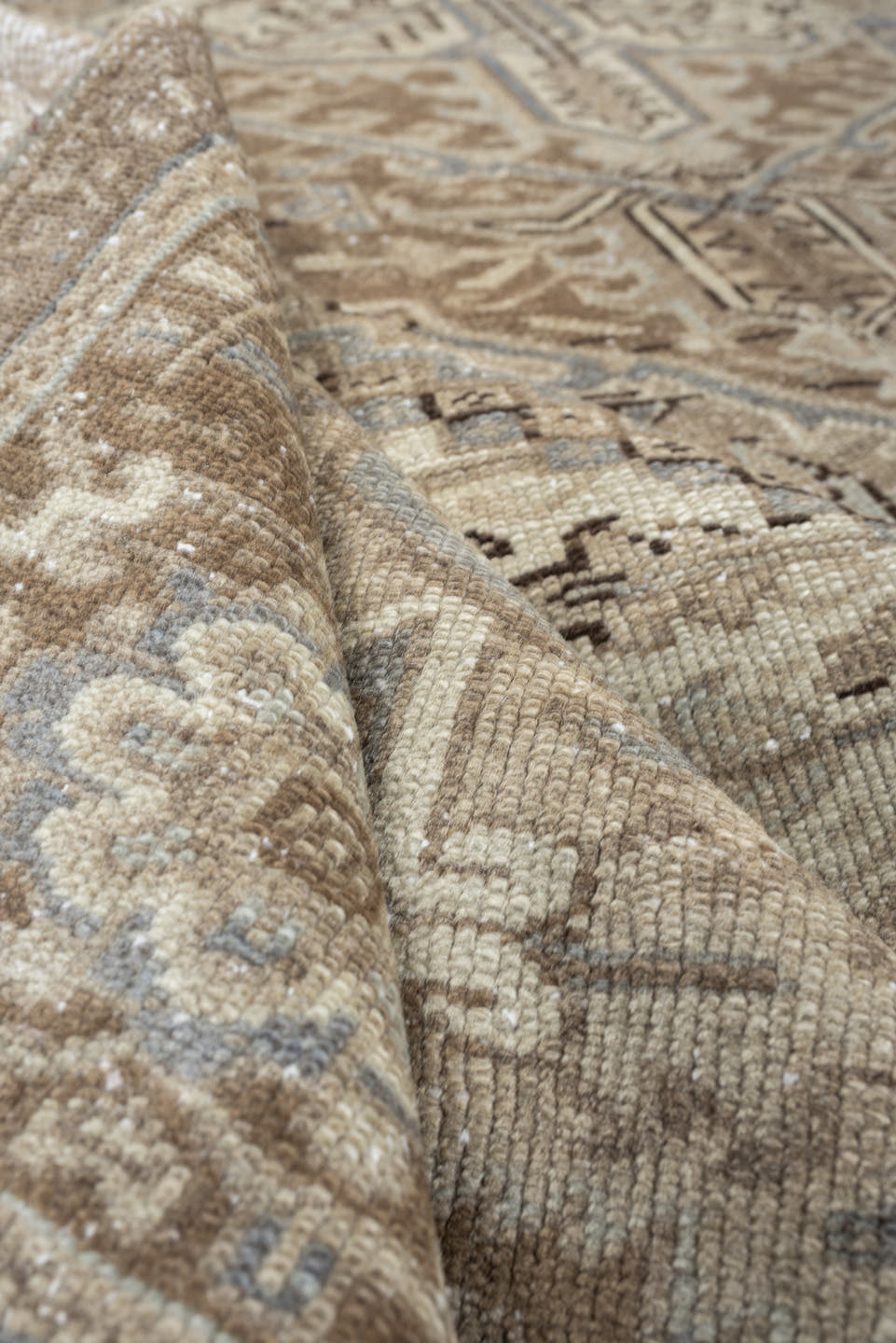 9' x 10' one-of-a-kind handmade antique Heriz large size rug. Color palette: taupe, ivory, brown, slate blue, charcoal