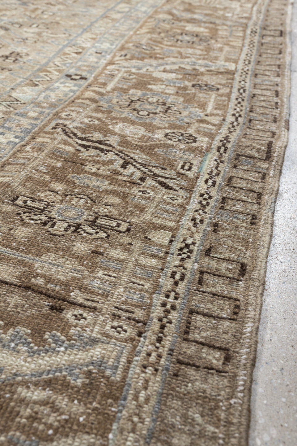 9' x 10' one-of-a-kind handmade antique Heriz large size rug. Color palette: taupe, ivory, brown, slate blue, charcoal