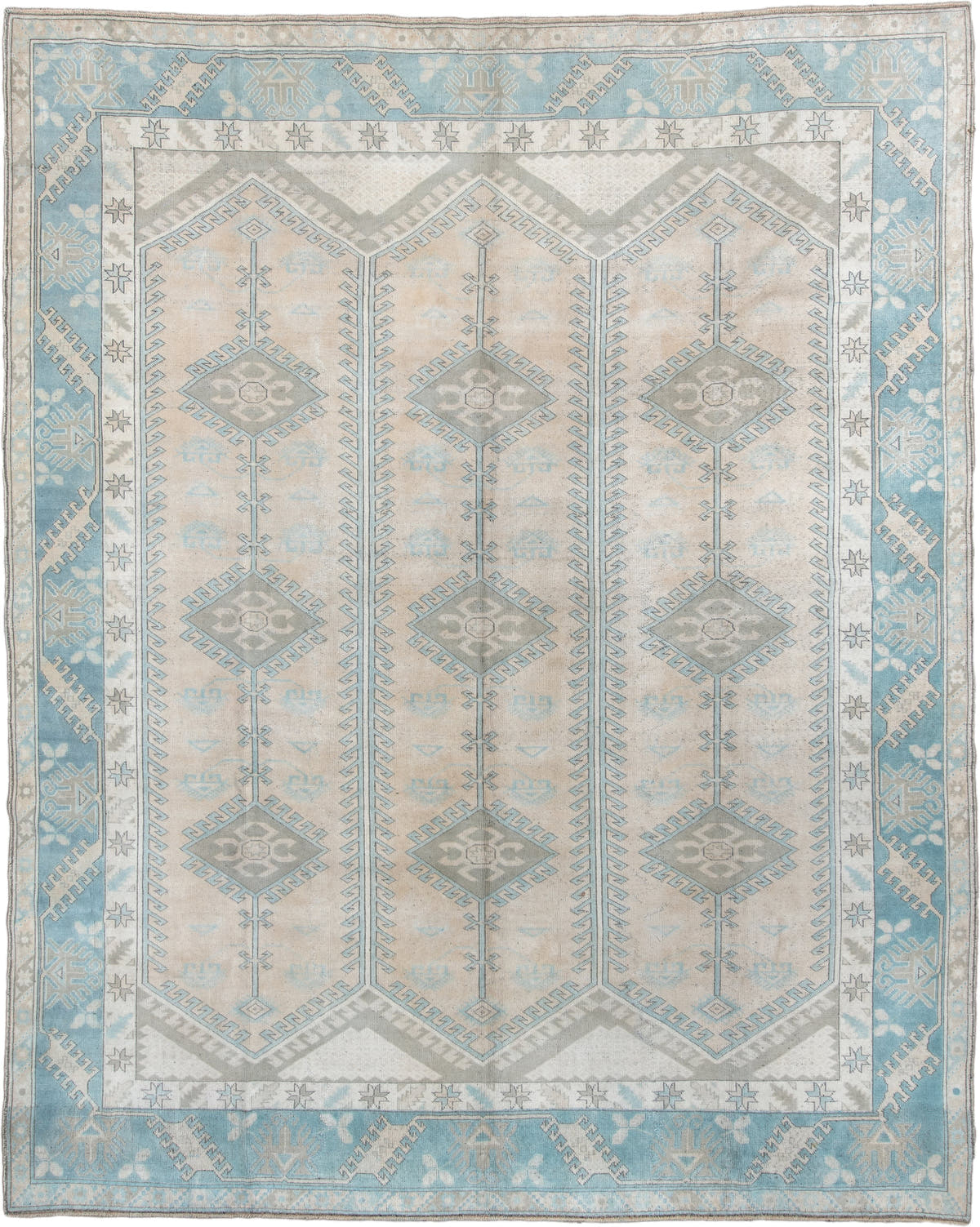 10' x 10' one-of-a-kind handmade antique Oushak large size rug. Color palette: ivory, powder blue, pale gray, taupe, slate