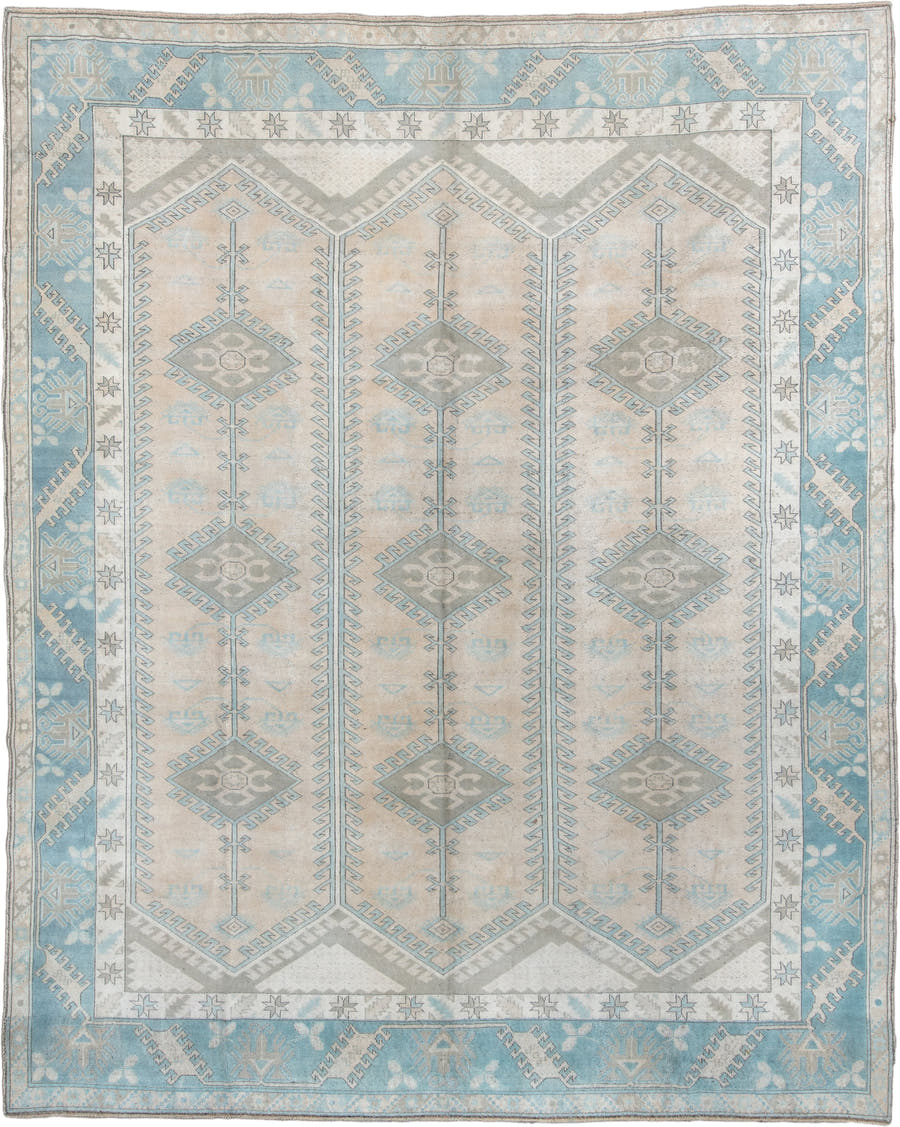 10' x 10' one-of-a-kind handmade antique Oushak large size rug. Color palette: ivory, powder blue, pale gray, taupe, slate