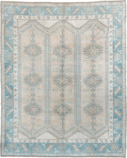 10' x 10' one-of-a-kind handmade antique Oushak large size rug. Color palette: ivory, powder blue, pale gray, taupe, slate