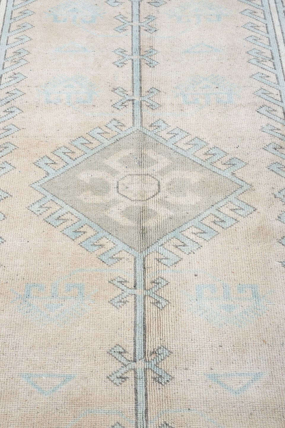 10' x 10' one-of-a-kind handmade antique Oushak large size rug. Color palette: ivory, powder blue, pale gray, taupe, slate
