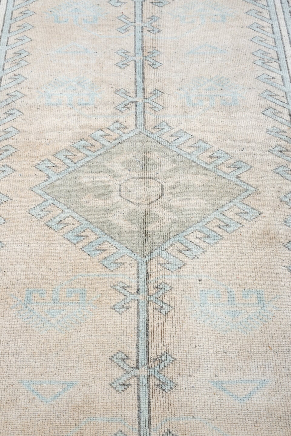 10' x 10' one-of-a-kind handmade antique Oushak large size rug. Color palette: ivory, powder blue, pale gray, taupe, slate