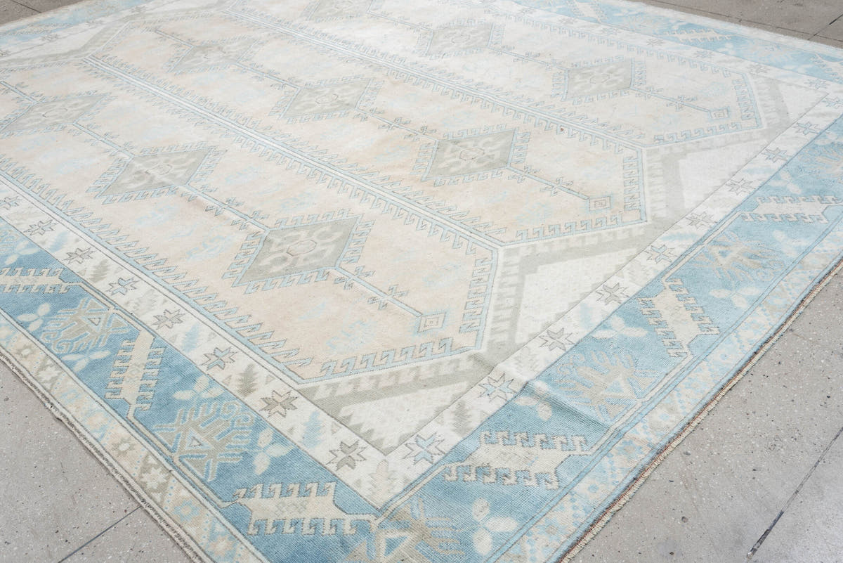 10' x 10' one-of-a-kind handmade antique Oushak large size rug. Color palette: ivory, powder blue, pale gray, taupe, slate