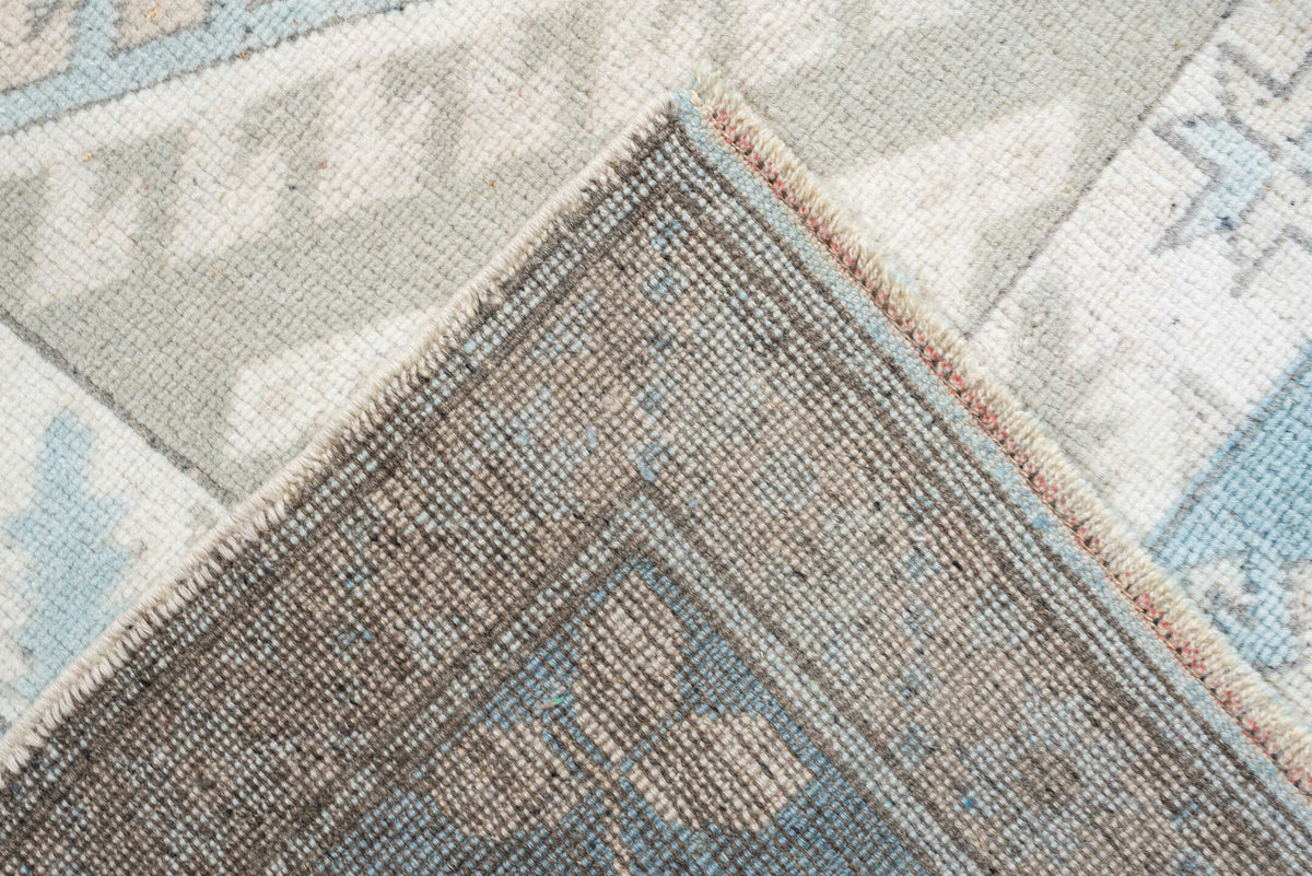 10' x 10' one-of-a-kind handmade antique Oushak large size rug. Color palette: ivory, powder blue, pale gray, taupe, slate
