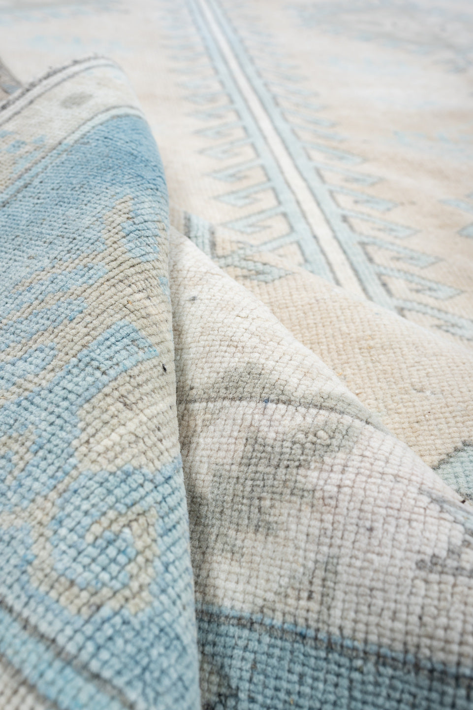 10' x 10' one-of-a-kind handmade antique Oushak large size rug. Color palette: ivory, powder blue, pale gray, taupe, slate