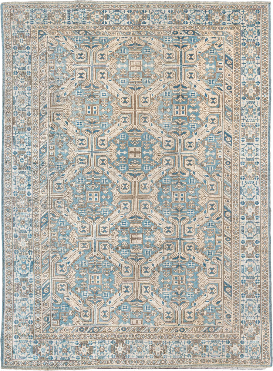 6' x 8' one-of-a-kind handmade antique Oushak rug. Color palette: turquoise blue, ivory, taupe, beige, slate blue, charcoal