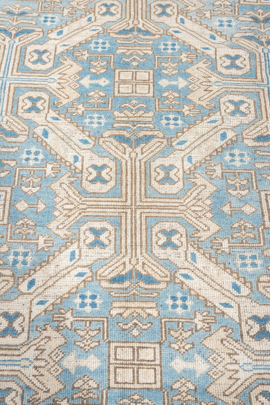 6' x 8' one-of-a-kind handmade antique Oushak rug. Color palette: turquoise blue, ivory, taupe, beige, slate blue, charcoal