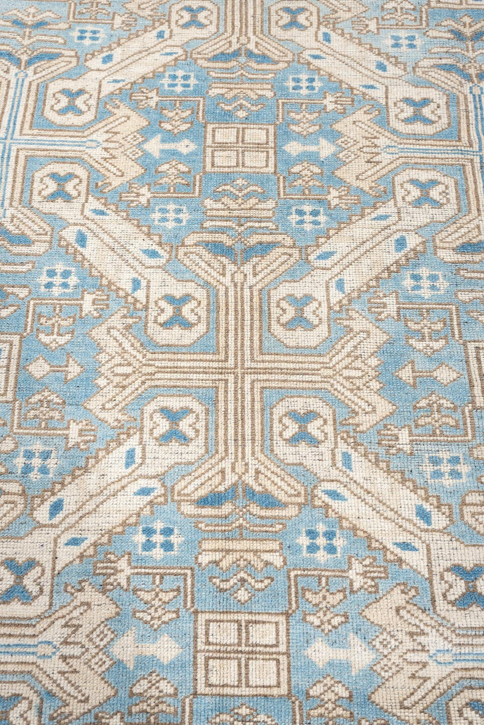 6' x 8' one-of-a-kind handmade antique Oushak rug. Color palette: turquoise blue, ivory, taupe, beige, slate blue, charcoal