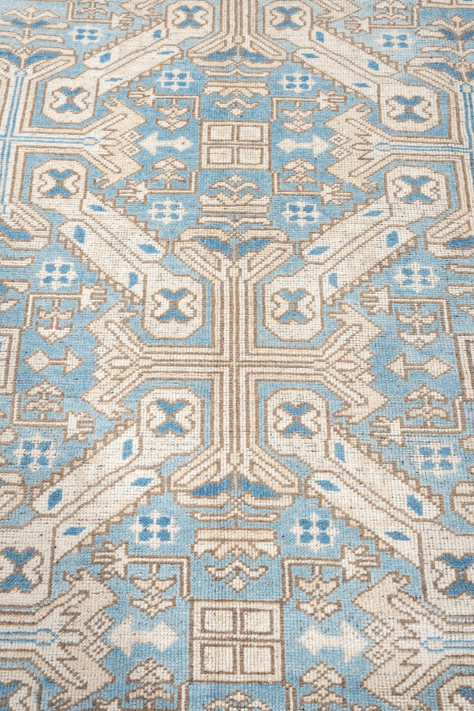 6' x 8' one-of-a-kind handmade antique Oushak rug. Color palette: turquoise blue, ivory, taupe, beige, slate blue, charcoal