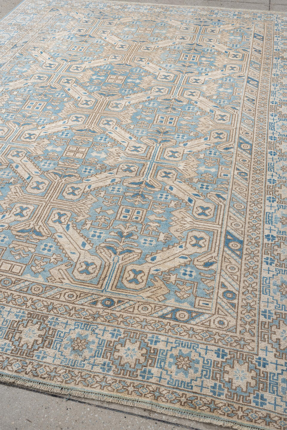 6' x 8' one-of-a-kind handmade antique Oushak rug. Color palette: turquoise blue, ivory, taupe, beige, slate blue, charcoal