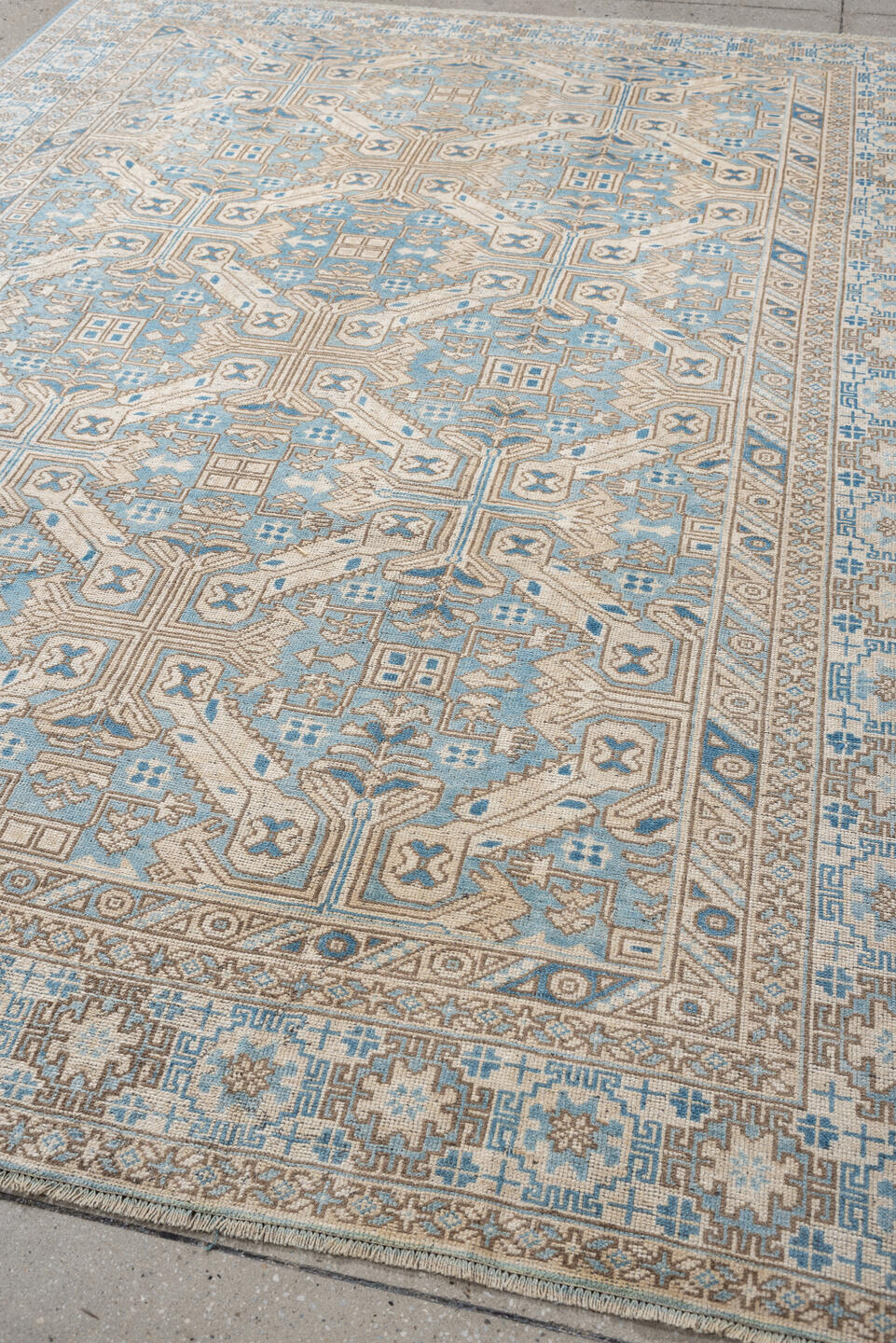 6' x 8' one-of-a-kind handmade antique Oushak rug. Color palette: turquoise blue, ivory, taupe, beige, slate blue, charcoal