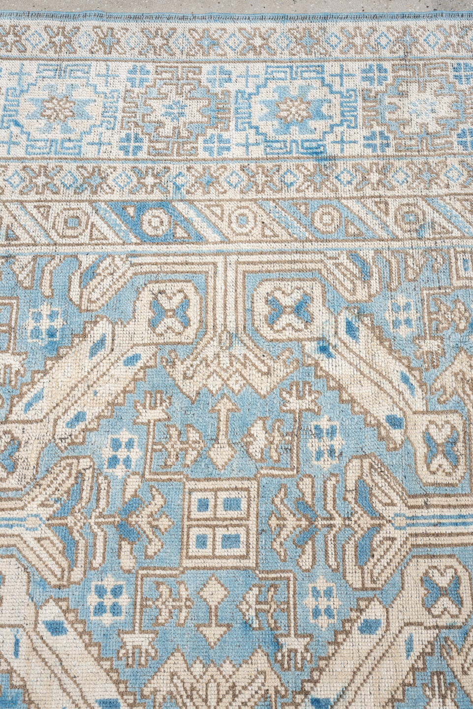 6' x 8' one-of-a-kind handmade antique Oushak rug. Color palette: turquoise blue, ivory, taupe, beige, slate blue, charcoal