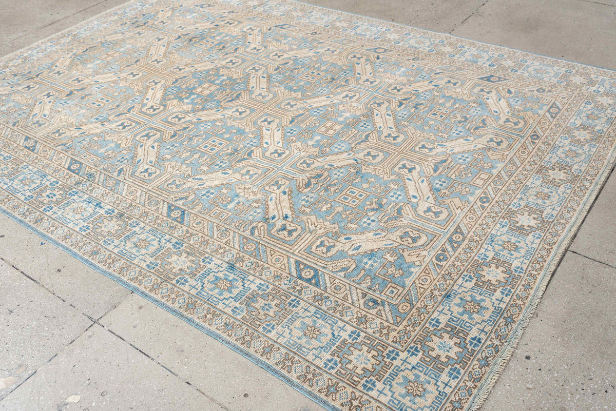 6' x 8' one-of-a-kind handmade antique Oushak rug. Color palette: turquoise blue, ivory, taupe, beige, slate blue, charcoal