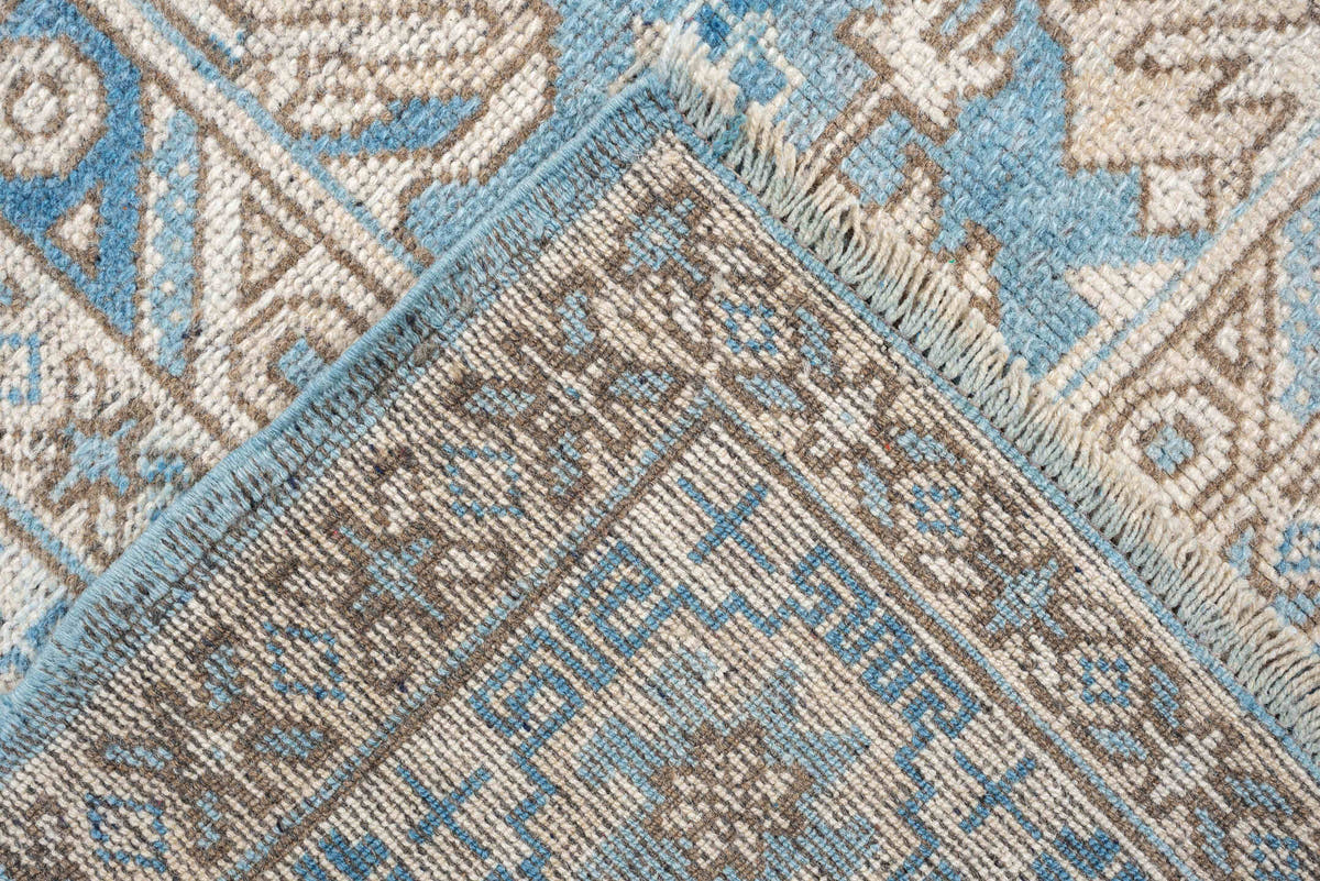 6' x 8' one-of-a-kind handmade antique Oushak rug. Color palette: turquoise blue, ivory, taupe, beige, slate blue, charcoal