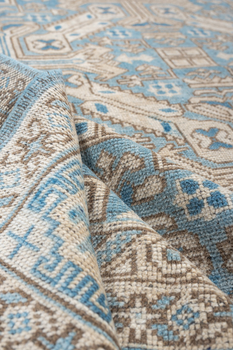 6' x 8' one-of-a-kind handmade antique Oushak rug. Color palette: turquoise blue, ivory, taupe, beige, slate blue, charcoal