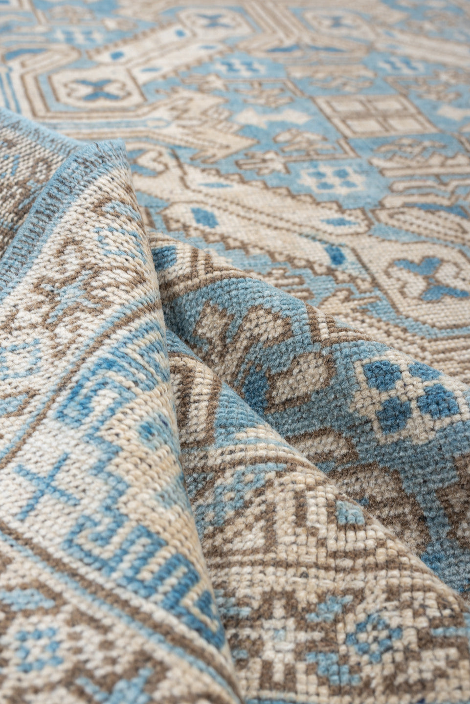 6' x 8' one-of-a-kind handmade antique Oushak rug. Color palette: turquoise blue, ivory, taupe, beige, slate blue, charcoal