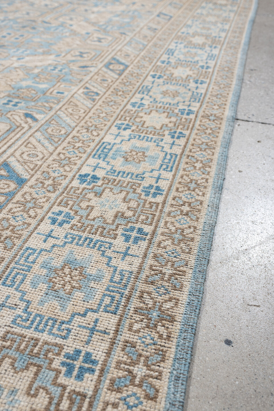 6' x 8' one-of-a-kind handmade antique Oushak rug. Color palette: turquoise blue, ivory, taupe, beige, slate blue, charcoal