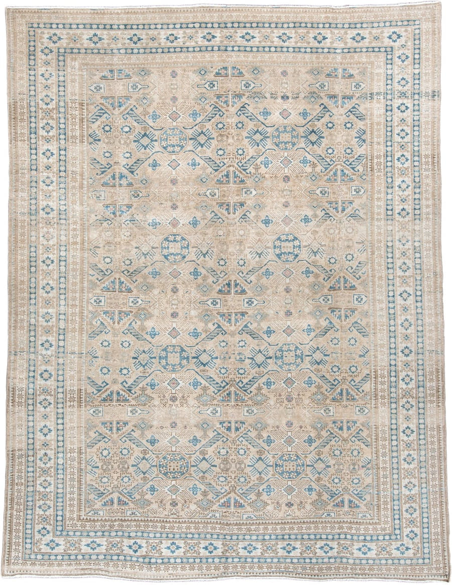 8' x 10' one-of-a-kind handmade antique Ardebil large size rug. Color palette: ivory, taupe, powder blue, beige, camel