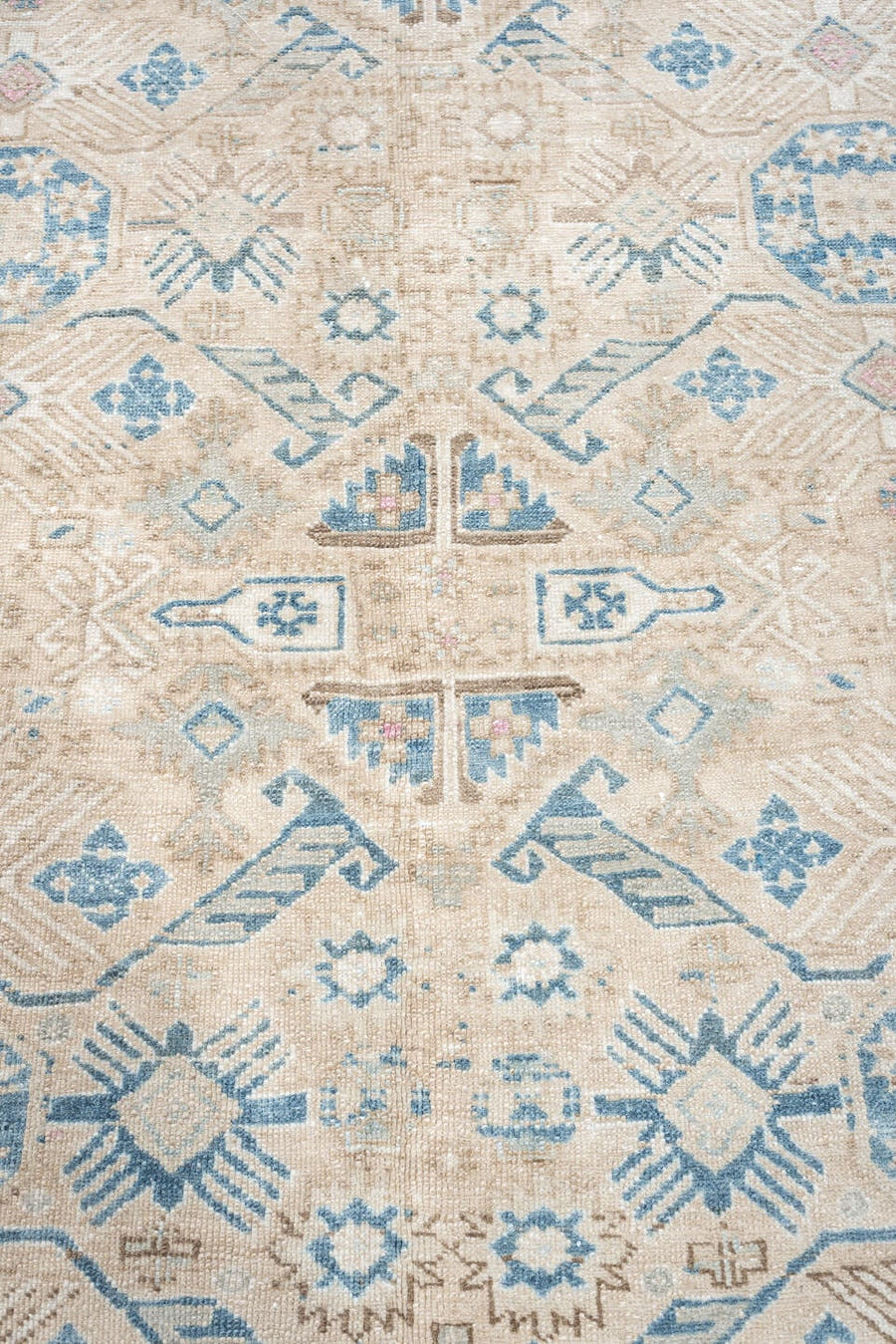8' x 10' one-of-a-kind handmade antique Ardebil large size rug. Color palette: ivory, taupe, powder blue, beige, camel